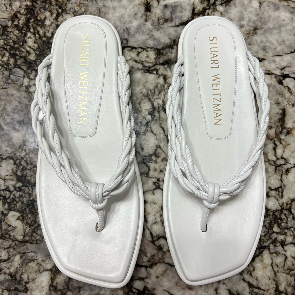 Stuart Weitzman White Braided Leather Thong Sandals